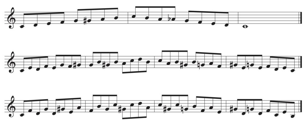 C Major Bebop Scale 練習譜，包含上行下行音階、三度音程上行下行及四度音程上行下行練習，幫助熟悉 Bebop Scale 指法與爵士即興應用。