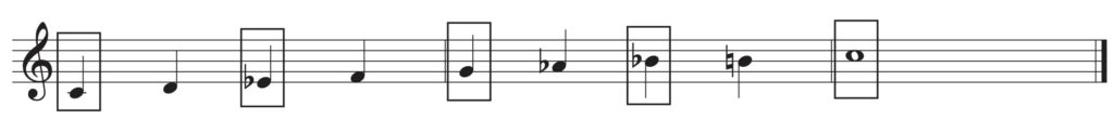 C minor Bebop scale piano notation showing notes C D Eb F G A Bb B C