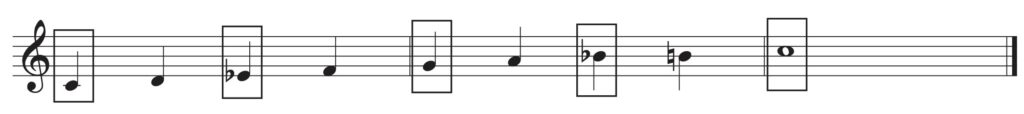 C Dorian Bebop Scale 五線譜，適用於爵士鋼琴即興演奏
