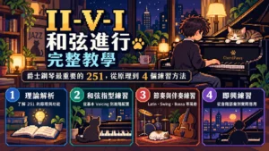 II-V-I 和弦進行完整教學封面：像素風爵士酒吧裡彈鋼琴的少年與貓，介紹 251 的理論、和弦練習、節奏伴奏與即興